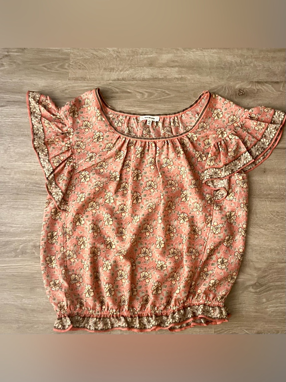 Max Studio Pink Floral Flutter Sleeve Bubble Hem Boho Peasant Blouse Size Large